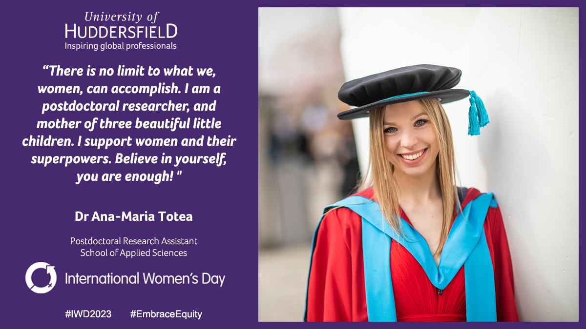 Thanks to Dr Ana-Maria Totea for sharing this message on International Women's day!

#EmbraceEquity #HudUni #HuddersfieldUni @WeLoveResearch