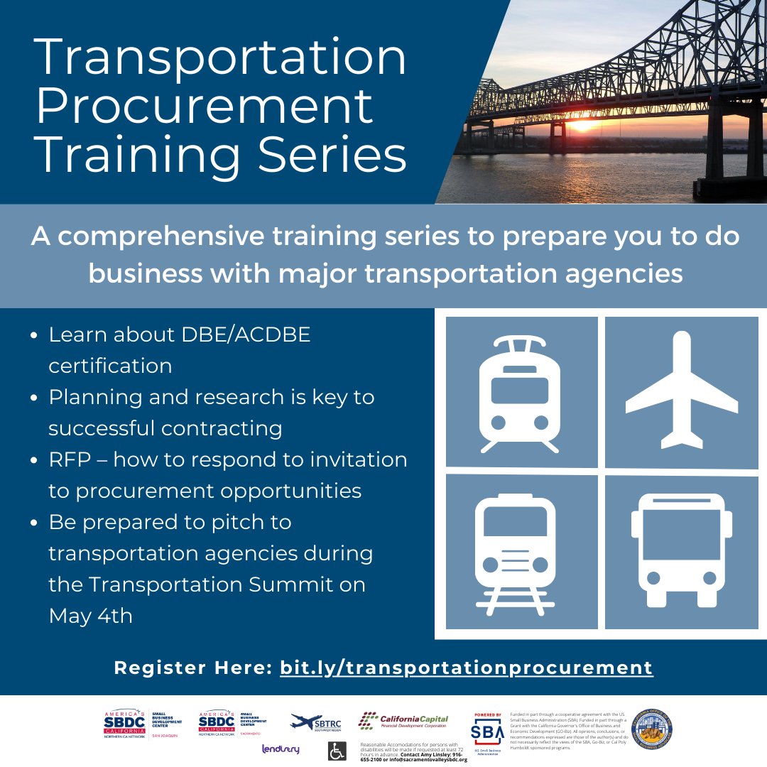 We are partnering with the San Joaquin Valley SBDC to bring you this opportunity to connect with the big names in the transportation industry! 

Find details and register at bit.ly/transportation….