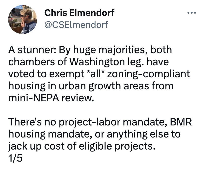 AlecStapp's tweet photo. Washington state legislature is currently speedrunning the YIMBY agenda and it's an amazing sight to behold:

- legalizing duplexes or fourplexes
- legalizing single-staircase buildings
- reforming ADU rules
- exempting housing from environmental review https://t.co/XO12UoZg43