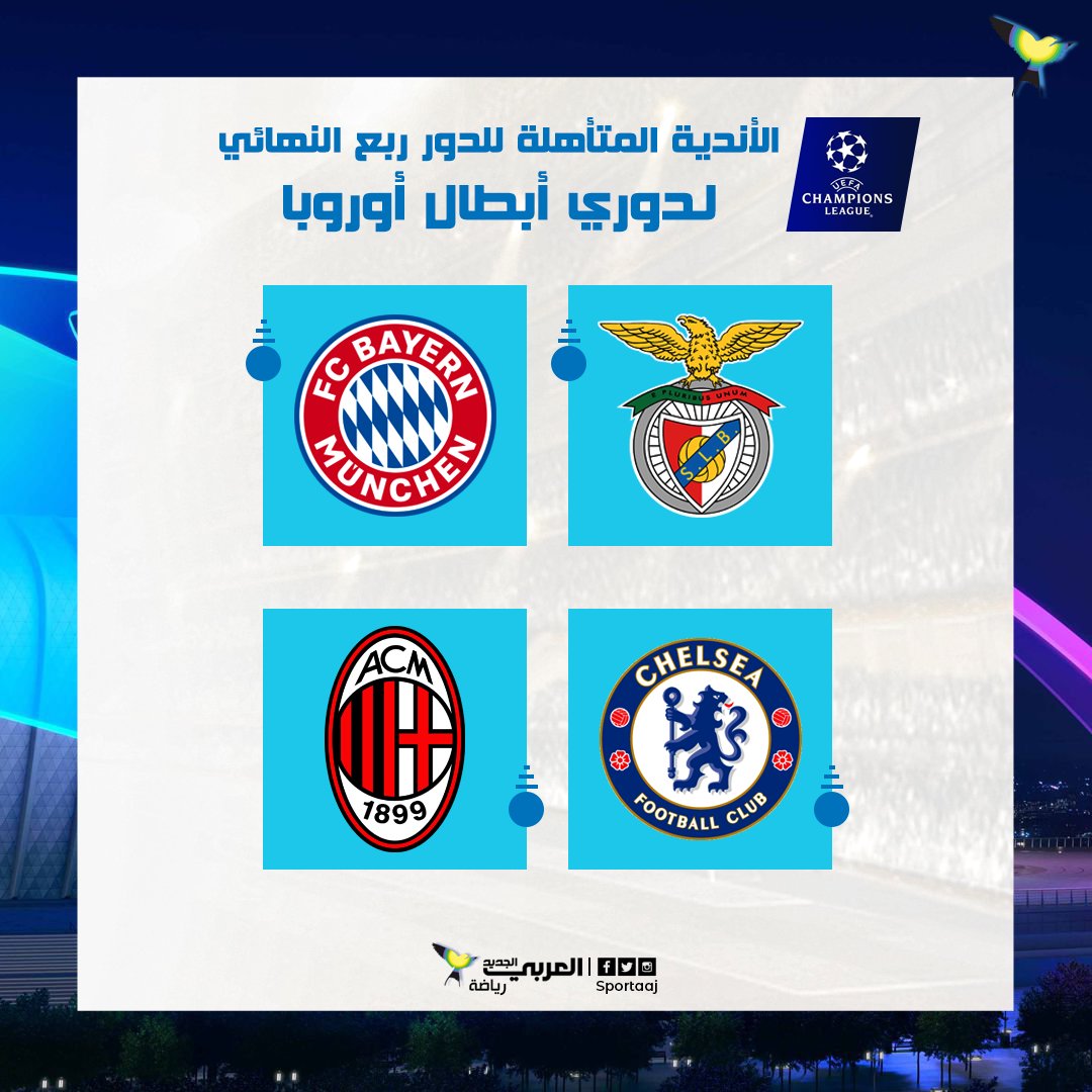 SportAAJ's tweet photo. الأندية المتأهلة للدور ربع النهائي لـ #دوري_أبطال_أوروبا:

- #بنفيكا
- #تشلسي
- #بايرن_ميونخ
- #ميلان https://t.co/k4LMNTjqgV