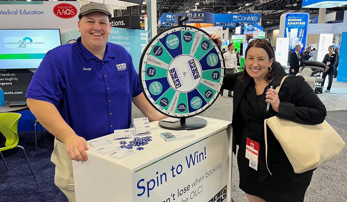 OLC_Events's tweet photo. OLC's Jimmy Konrad, HMCC was manning the wheel when Anna Salt Troise, Chief Commercial Officer at @AAOS1, stopped by the OLC booth at #AAOS23.
See us at booth #4225. https://t.co/DKopnRlVoj