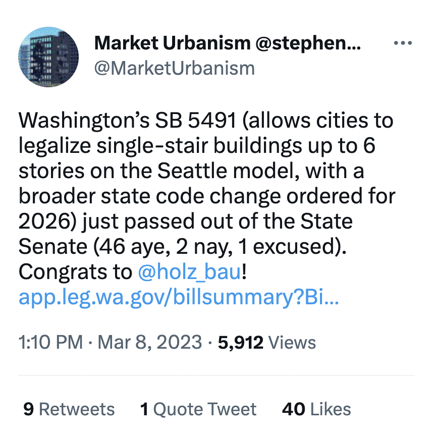 AlecStapp's tweet photo. Washington state legislature is currently speedrunning the YIMBY agenda and it's an amazing sight to behold:

- legalizing duplexes or fourplexes
- legalizing single-staircase buildings
- reforming ADU rules
- exempting housing from environmental review https://t.co/XO12UoZg43