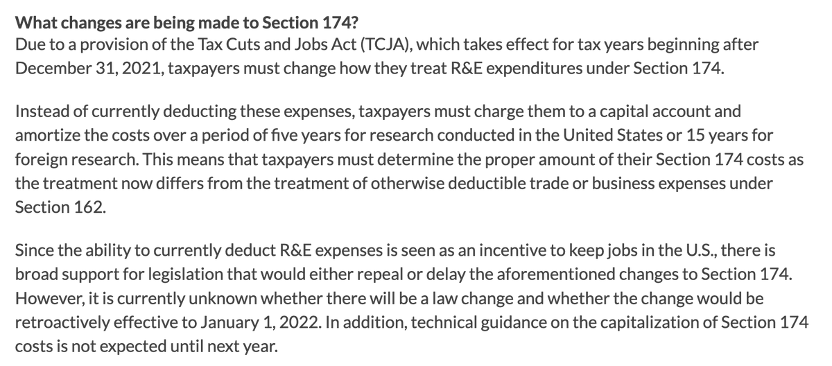 PatrickFIanagan's tweet photo. If you run a software company and want to have an aneurysm, look up "Section 174." You have to amortize developer costs over 5 years now instead of deducting them in the year incurred. Your taxable "profits" are about to be huge but also fake. https://t.co/Dh7adwQ58m