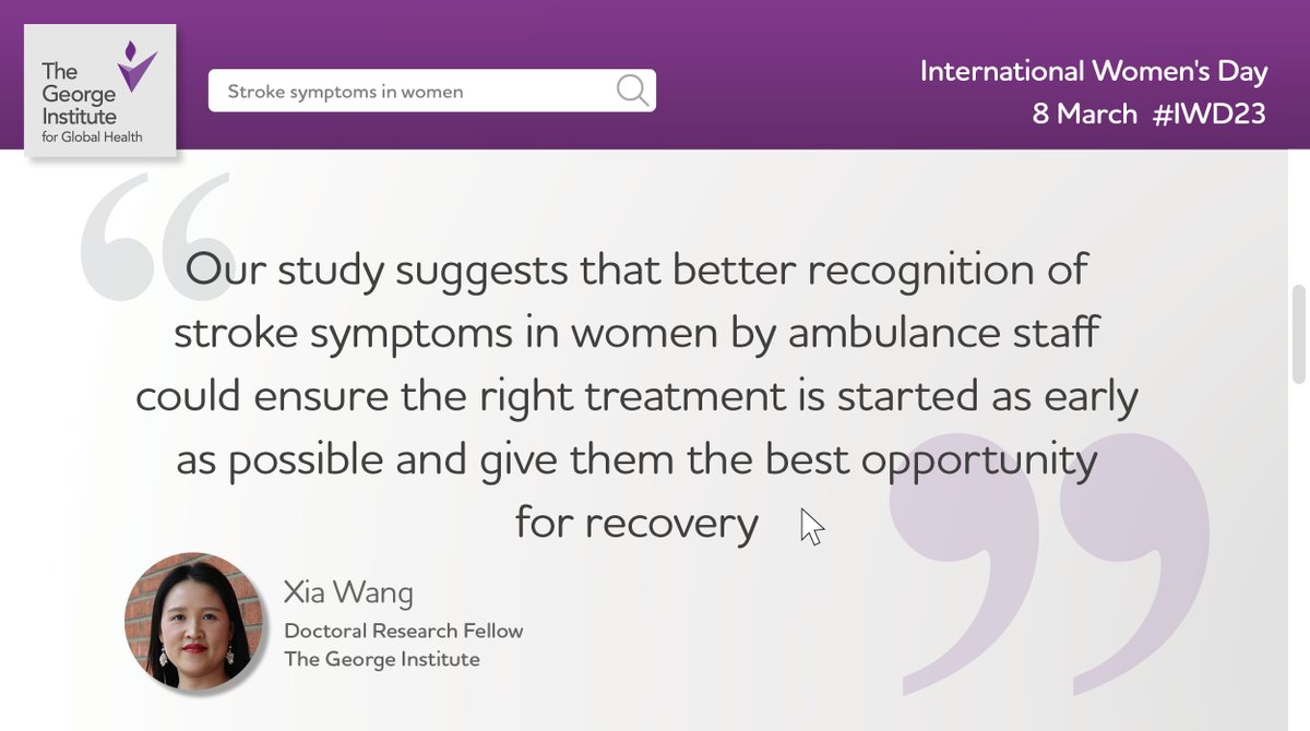 #InternationalWomensDay

Our research shows that women < 70, later diagnosed as having a stroke, were more likely than men to be assessed by ambulance staff as having migraine, anxiety, unconsciousness, high blood pressure, nausea, or headache instead:

➡️georgeinstitute.org/media-releases…