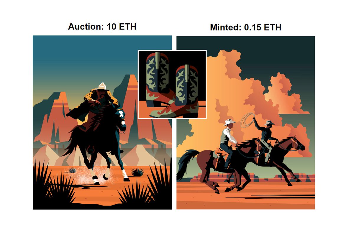 RhonBell's tweet photo. I'm convinced @jeremybooth is about to blow up. His live current auction (img: left, 20hrs to go) is already at 10ETH. As I'm a top 25 holder of his 'Boots' project I got to mint Make Haste (img: right, 100 supply) a few days ago for 0.15.
You do the math!
#Bootish https://t.co/vWU1cBEHhQ