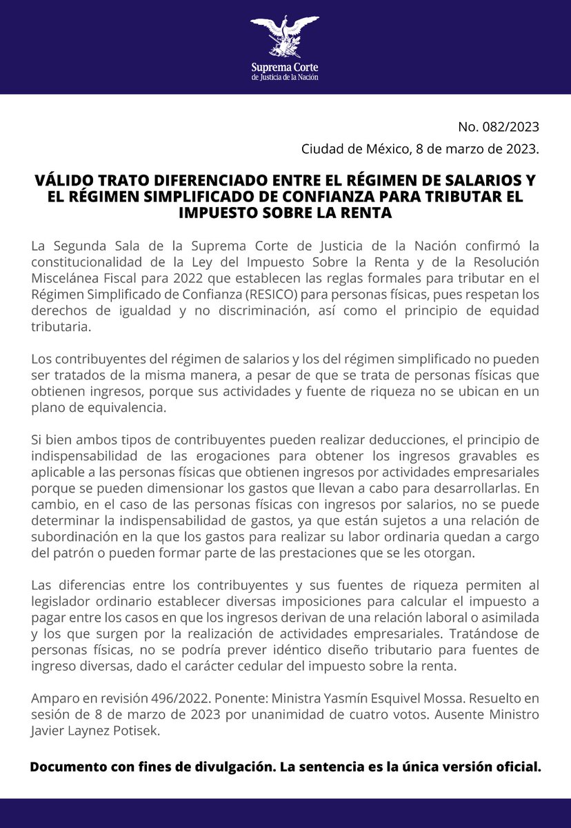 #SegundaSalaSCJN validó #MisceláneaFiscal para 2022, en lo relativo a que establece un trato diferenciado para tributar entre el régimen de salarios y el #RESICO, porque actividades y fuente de riqueza de contribuyentes no son equivalentes 🔗 bit.ly/3Jpxk0p