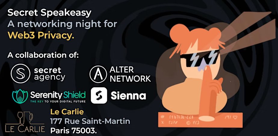 Join us in #Paris after #PBW23 (<a href="/ParisBlockWeek/">Paris Blockchain Week</a>) to learn about <a href="/SecretNetwork/">Secret Network</a> and Sienna 🚀 

When: March 23 🗓️
Where: <a href="/LeCarlie/">Le Carlie Bar</a> 🍻

🎟️ RSVP: eventbrite.com/e/secret-speak…

See you there 💙

$SIENNA $SCRT $ALTER $SERSH

#DeFi #IBCGang #Web3