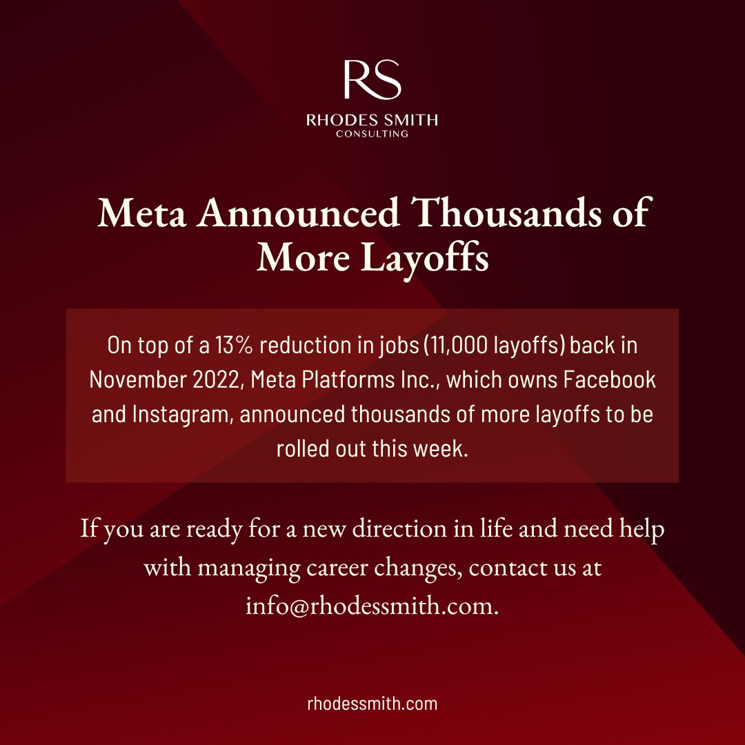 RhodesSmithLIVE's tweet photo. @Meta, owner of @instagram and @facebook, announced more layoffs this week. If you need help with managing #careerchanges, sign up for our group coaching program 3/15. Visit https://t.co/XChUVS6e7G for more.

#careerdevelopment #careercoach #personaldevelopment #techlayoffs https://t.co/3dEECXlGIv