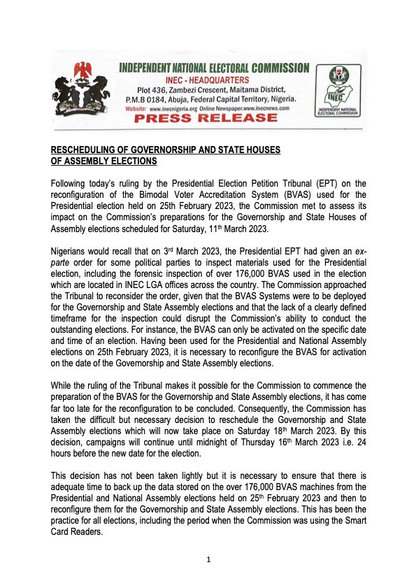 INEC Postpones Governorship Elections By One Week