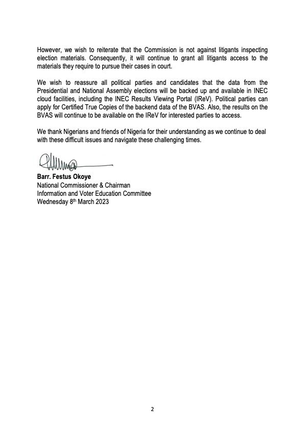 PRESS RELEASE
Rescheduling of Governorship and State Houses of Assembly Elections