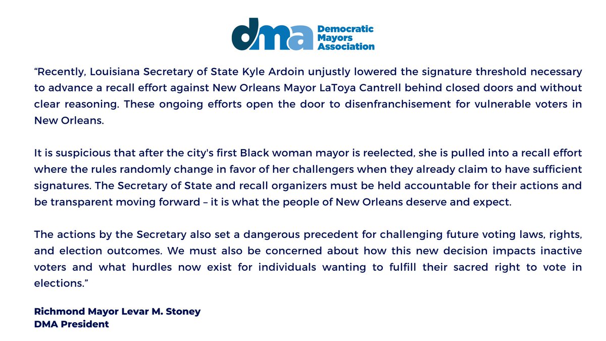 Democratic Mayors Association President Mayor <a href="/LevarStoney/">Levar Stoney</a> issued the following statement on the ongoing recall effort against New Orleans Mayor <a href="/LaToyaForNOLA/">LaToya Cantrell</a>: