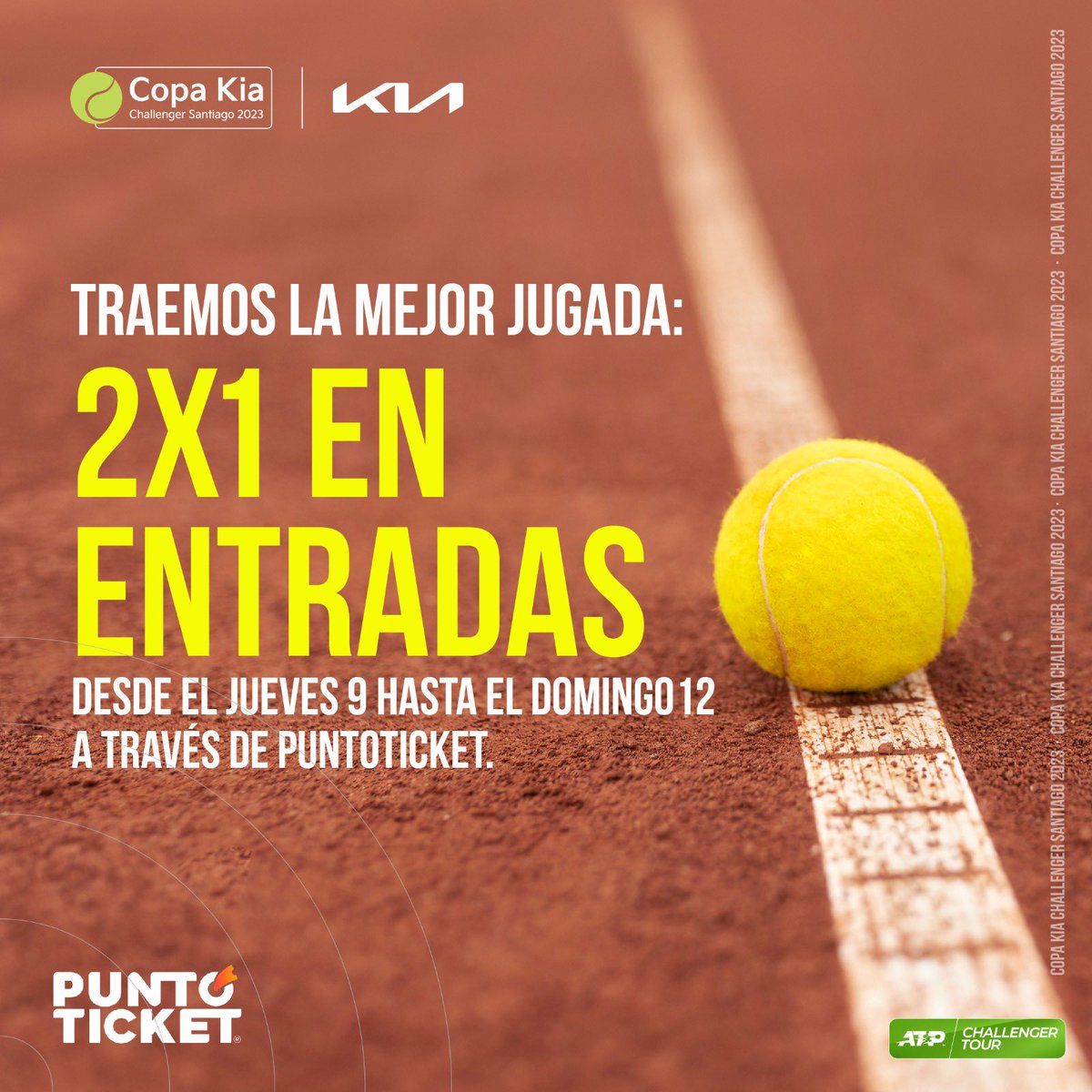 KiaChallenger's tweet photo. ESTE SI QUE ES UN ACE 🎾

A partir de mañana jueves 9 hasta el domingo 12 de marzo, te traemos un espectacular 2x1 en las entradas de la Copa Kia Challenger 2023, para que no te pierdas absolutamente nada de este gran torneo. 🏆🎫 https://t.co/wkJgyilGM7