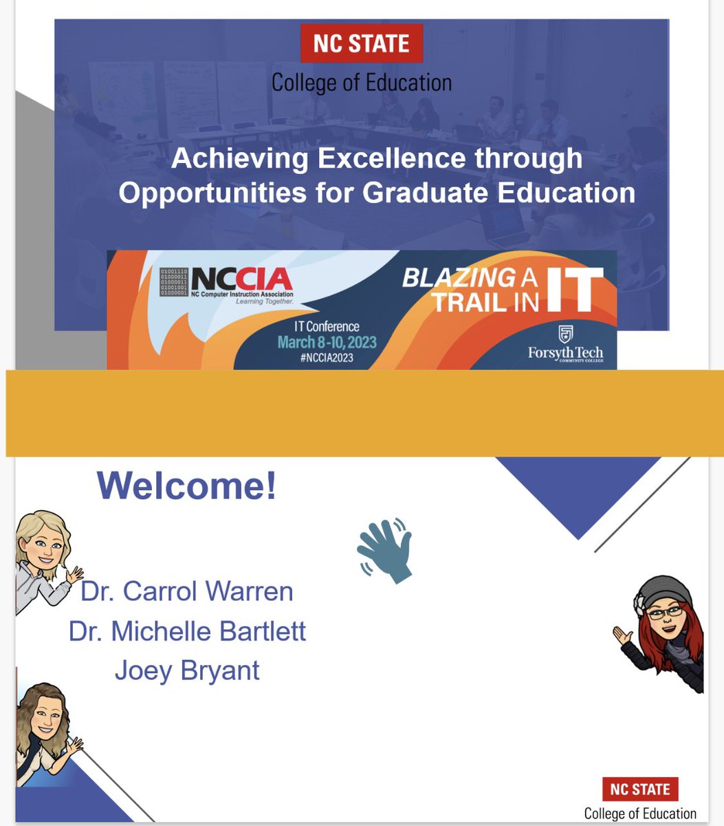 Thank you @nccia for inviting our team @DrMBartlett @JoeyBry93881967 to present at this year’s conference @ForsythTechCC! What amazing #faculty + conversation + #leadership. #communitycollege #gopack #graduateeducation