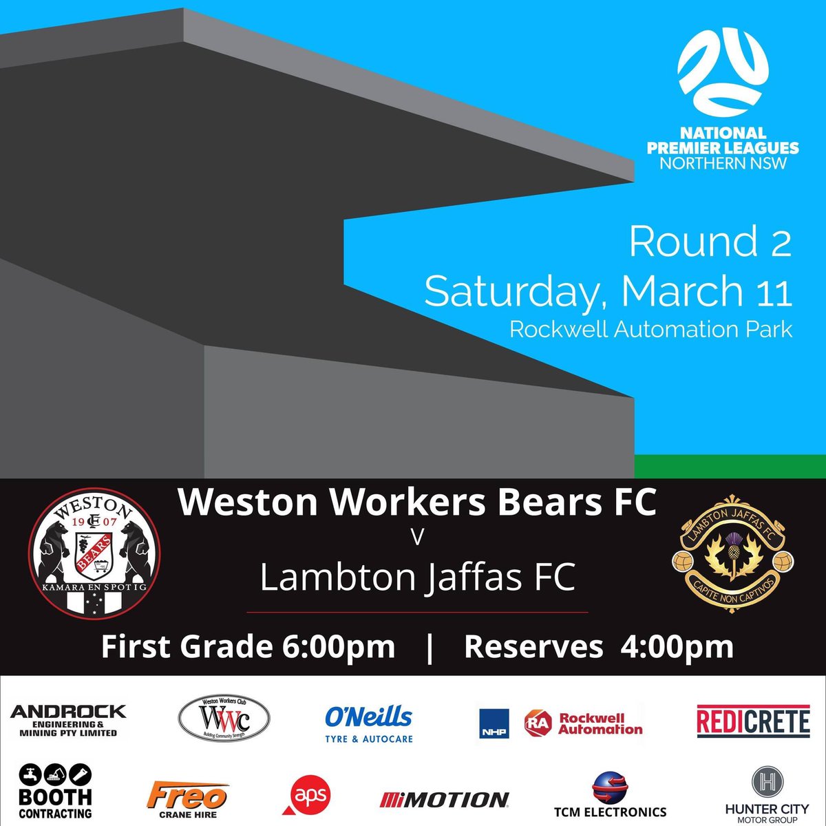 - Saturday twilight footy -
The Bears are home this Saturday and will welcome the Lambton Jaffas.
It's going to be the perfect setting for two sides looking for maximum points. 
Home debuts for new signings, 6:00pm kick off, perfect weather &amp; floodlights on - ahhhh football 😍