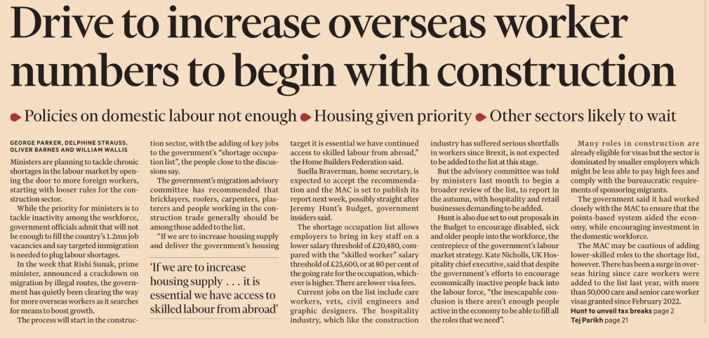 Government’s drive to increase overseas worker numbers &amp; address skill shortages will begin with construction according to Thursday’s Financial Times. H/T <a href="/sgfmann/">George Mann</a> 
#ukconstruction #construction