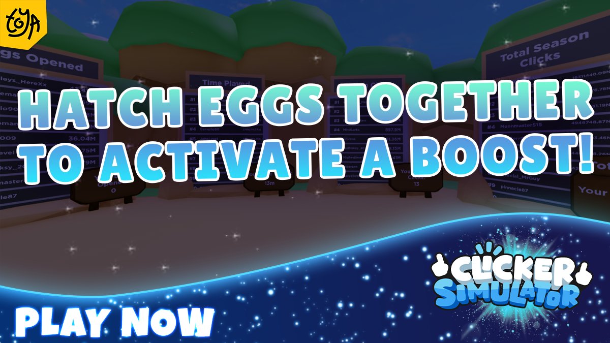 ClickerSim1's tweet image. Update 77 is out now!
🏁 Mid-week boost - x2 Gems 24h
🎯 Collective Hatch goal added! Hatch together to activate a boost!
👌 Enjoy code SUPERHATCH for x2 Shiny Chance 1h

roblox.com/games/75601560…