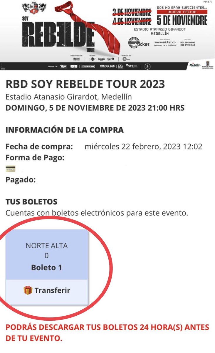 DIEGOGAR1112's tweet photo. Me queda la última boleta en ORIENTAL ALTA primera fecha 03nov RBD y la última en NORTE ALTA tercera fecha 05nov. Precios justos. Listas para transferencia. INFO DM O WA 3102275780 #rbd #rbdcolombia #rbdmedellin #rbdenmedellín #SoyRebeldeTour #soyrebeldetourcolombia #SoyRebelde https://t.co/MrAelK4sMB