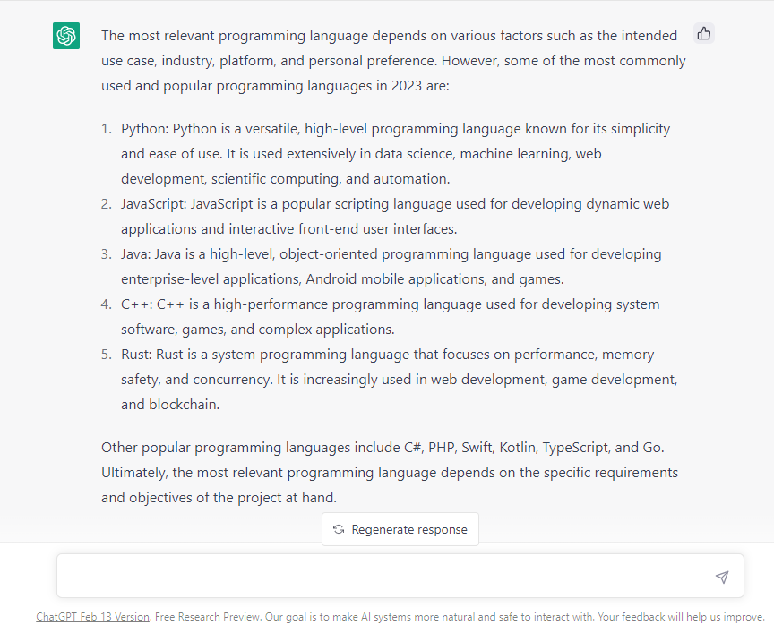 My #ChatGPT question: What is the most relevant programming language?
#100DaysOfCode #Python, #Javascript, #Java, #C++, #Rust 

cc @pierrepinna , @antgrasso_IT, @ipfconline1
@sallyeaves, @DiegoKuonen