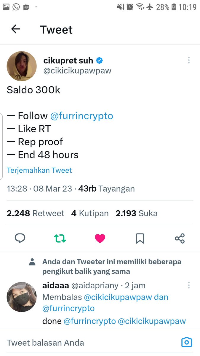 moomin_jea's tweet photo. @cikicikupawpaw @furrincrypto Done kak @cikicikupawpaw @furrincrypto bismillah semoga kali ini menang GA cuan 😇 makasih banyak cikuuuuu 😍 https://t.co/WsI3lep60T