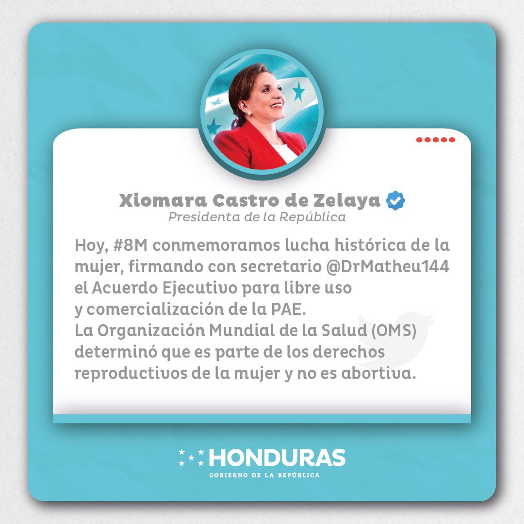 GobiernoHN's tweet photo. ¡Histórico!✊🇭🇳

Conmemorando el Día Internacional de la Mujer, nuestra Presidenta anuncia la firma del Acuerdo Ejecutivo para el libre uso y comercialización de la PAE.👇

#8M #Juntas https://t.co/nyBn5f9wyP