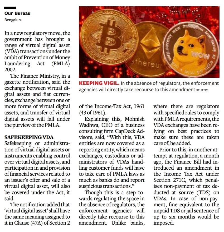 #Crypto trade will come under anti­money #laundering laws. In the absence of a formal regulator... our friendly neighborhood #EnforcementDirectorate will be in charge! (BL)

#thecuratednews #news #newsupdate #cryptocurrency #virtualdigitalassets #pmla