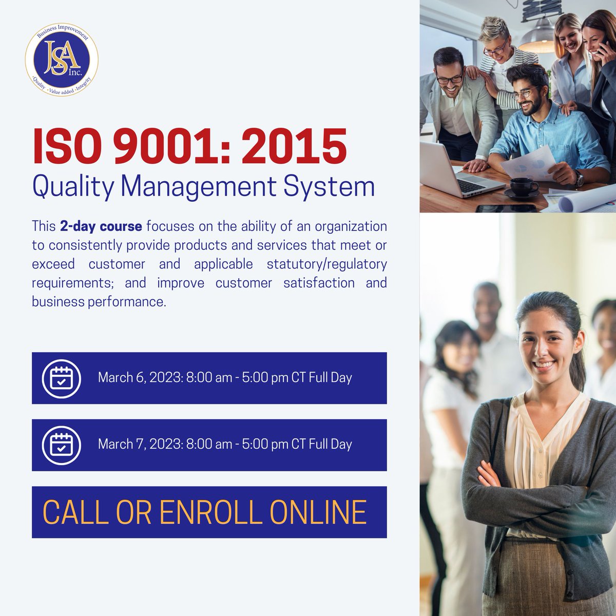 gojsainc's tweet image. Register for our ISO 9001:2015 2-day course today. 
Courses start March 6 through March 7, 2023 from 8am - 5pm CT.
Enroll online or give us a call. 

#gojsainc #vancouver #britishcolumbia #surrey #edmonton #fraservalley #iso9001 #iso9001qms #qualitycontrolmanagementsystems #risk