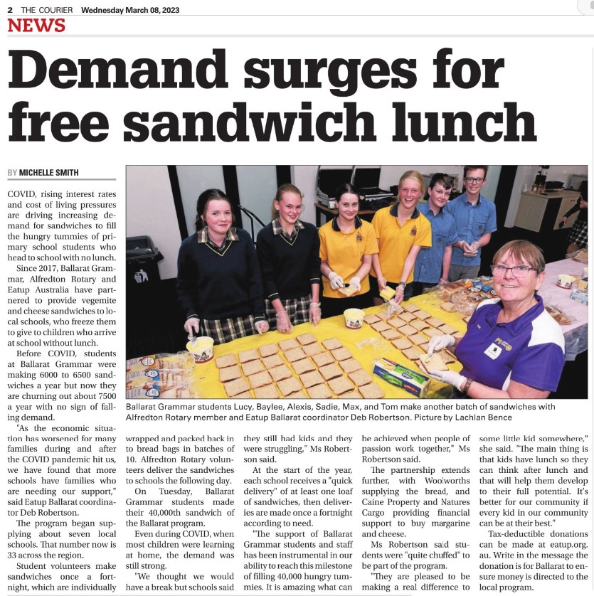 We are so proud of our partnership with @EatUpAustralia and @AlfredtonRotary reaching a milestone 40,000 sandwiches this week. Thanks to the whole team including our amazing teachers who support and help make it happen!