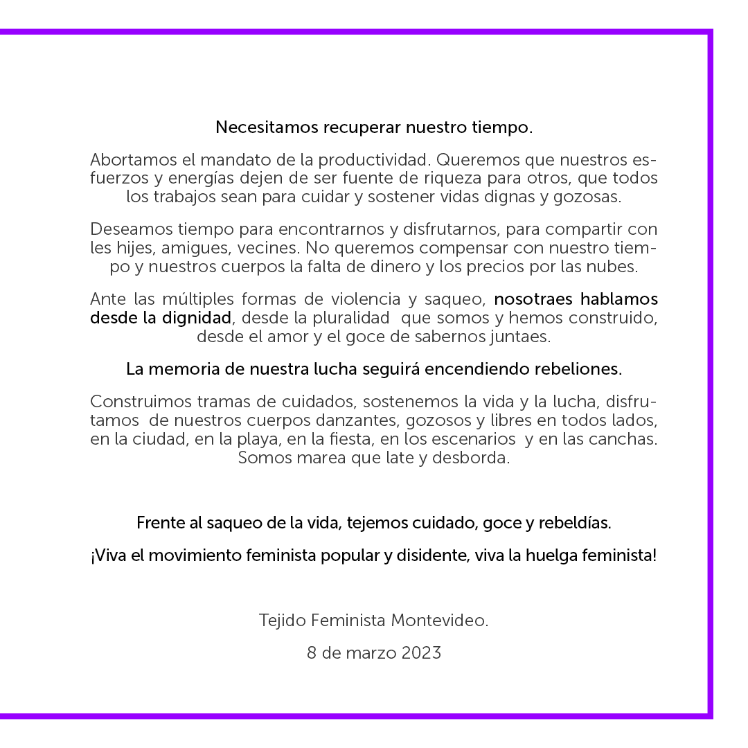 #MVDNoticias 

Proclama de <a href="/TejidoFeminista/">Tejido Feminista</a>: "la memoria de nuestra lucha seguirá encendiendo rebeliones".