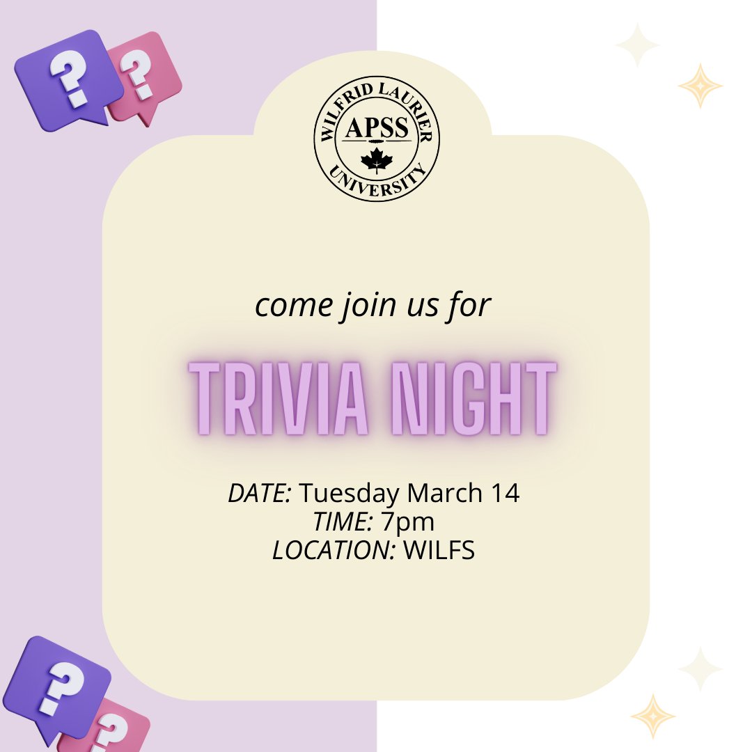 APSS is hosting an <a href="/LaurierPoliSci/">LaurierPoliSci</a> themed trivia night at <a href="/WilfsPub/">Wilf’s Restaurant & Bar</a> on March 14th at 7:00PM! Anyone interested in trivia, political science, or meeting new people should come!