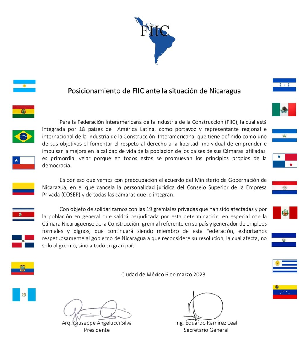 Pronunciamiento de la @FiicLa ante la situación de Nicaragua.