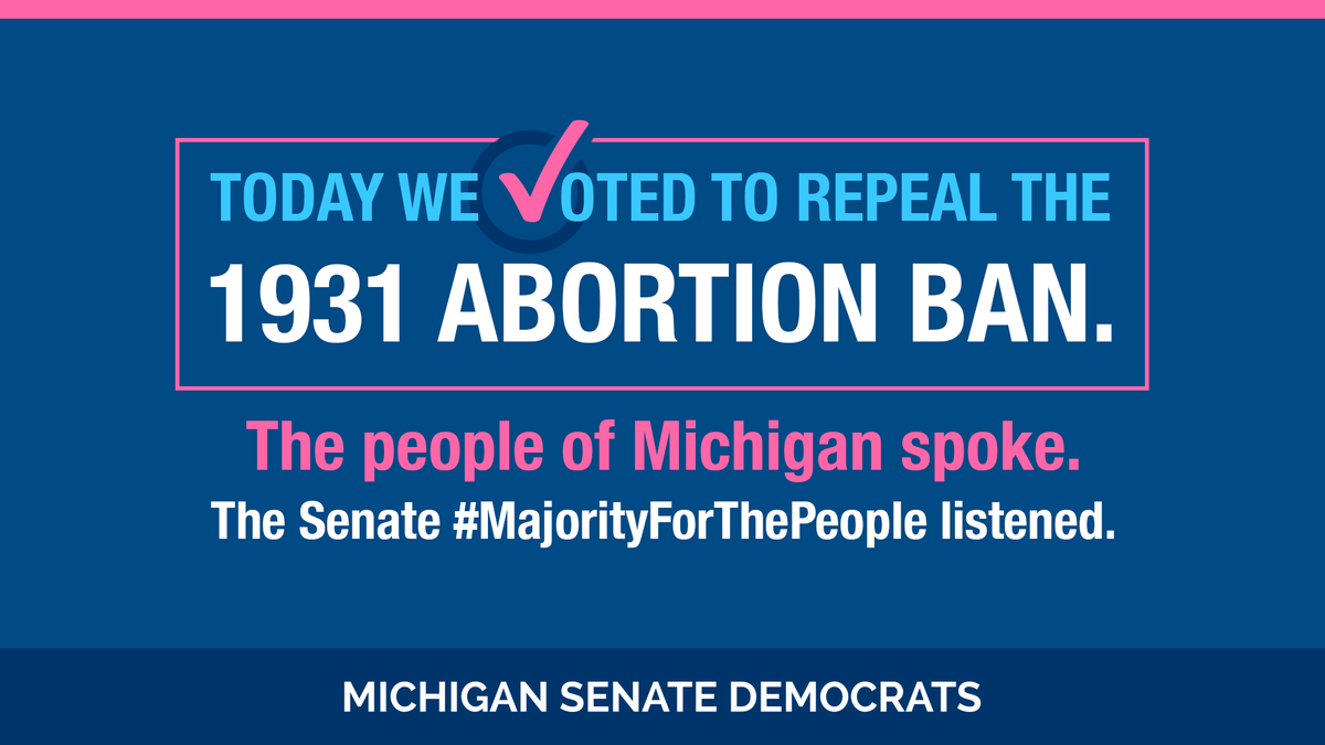 MISenDems's tweet photo. Last year, Michiganders voted overwhelmingly to protect #ReproductiveFreedomForAll because everyone deserves the #FreedomToDecide what’s best for their families & futures. Now, MI's outdated 1931 abortion ban is off the books. This is what a #MajorityForThePeople looks like. https://t.co/C2QHGAgYBp
