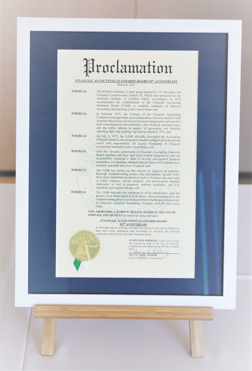 FAFNorwalk's tweet photo. Happy 50th Anniversary #FASB! 

Mayor Harry Rilling of Norwalk, CT issued a proclamation recognizing this five-decade milestone. Also, in attendance was Greater Norwalk Chamber of Commerce President and CEO Brian Griffin. https://t.co/HfHzccZmzD