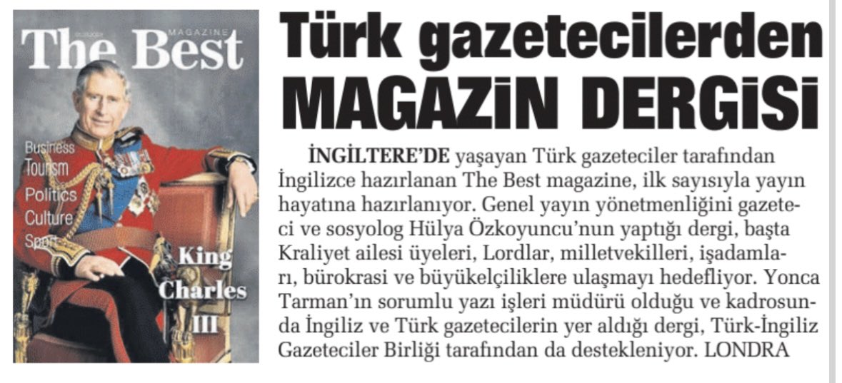 DuvenAlpaslan's tweet photo. The Best magazine yayın hayatına başlıyor
İngiltere'de yaşayan Türk gazeteciler tarafından İngilizce hazırlanan The Best magazine, ilk sayısıyla yayın hayatına hazırlanıyor. #thebestmagazine @hulya_ozkoyuncu @LONDONYESLTD https://t.co/pptna9jmZS