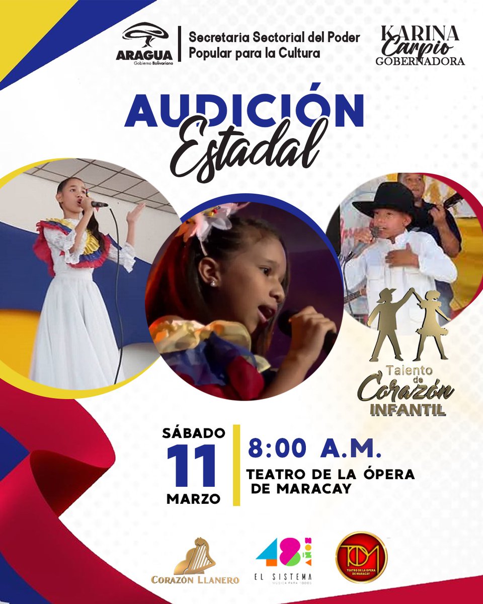 📣Aragua este sábado #11Mar desde las instalaciones del Teatro de la Ópera de Maracay se llevará a cabo audición estadal de "Talento de Corazón Infantil"🇻🇪.

•Desde las 8:00Am🕖

<a href="/Soykarinacarpio/">Karina Carpio</a> 
<a href="/TeatroOperaMcy/">Teatro de la Ópera de Maracay</a> 

#Aragua 
#ChávezFeminista
