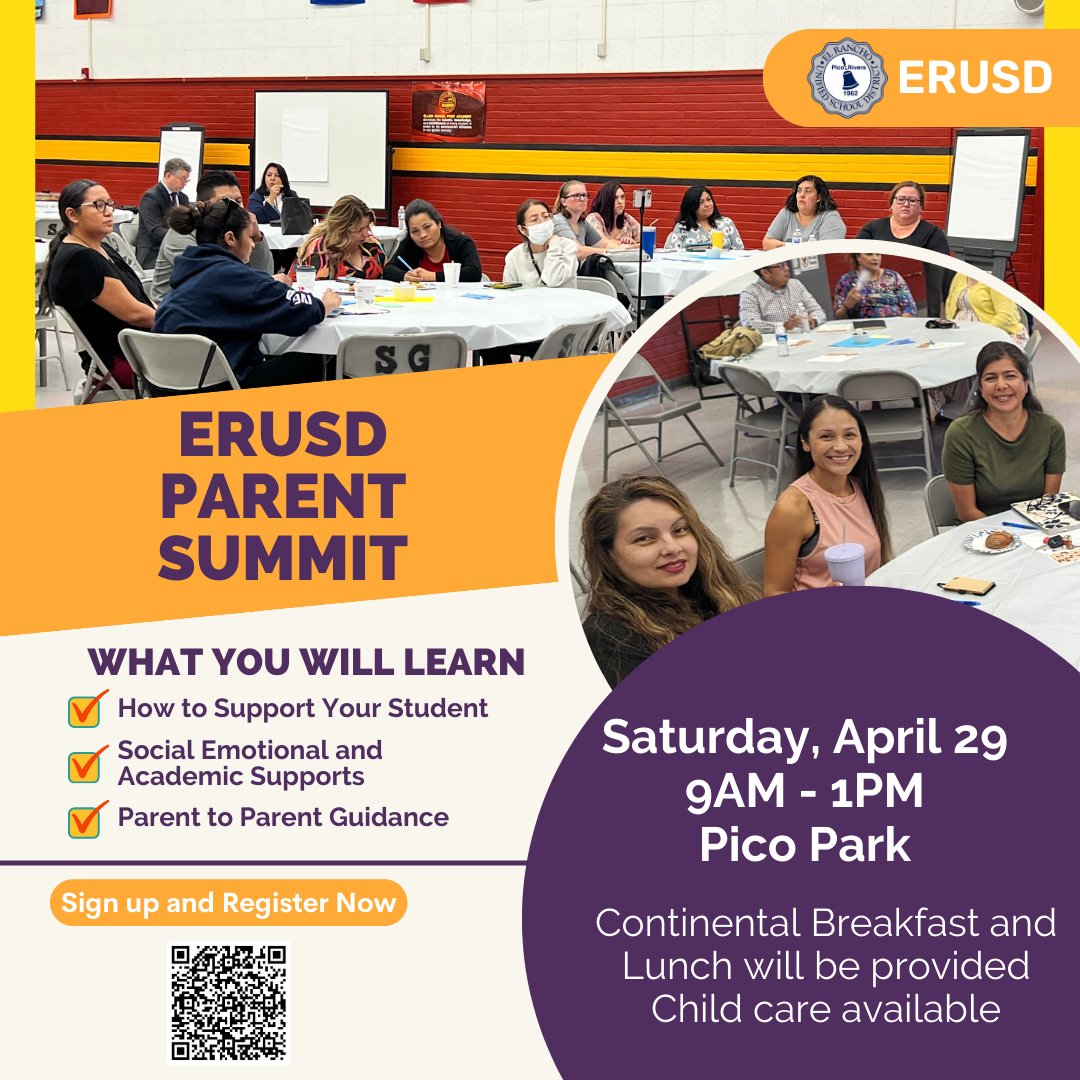 We are pleased to invite you to join us on Saturday, April 29, 2023, for ERUSD Parent Summit! We are excited to have this fantastic opportunity available for our ERUSD parents! 📣 
ow.ly/opq850NcHsC