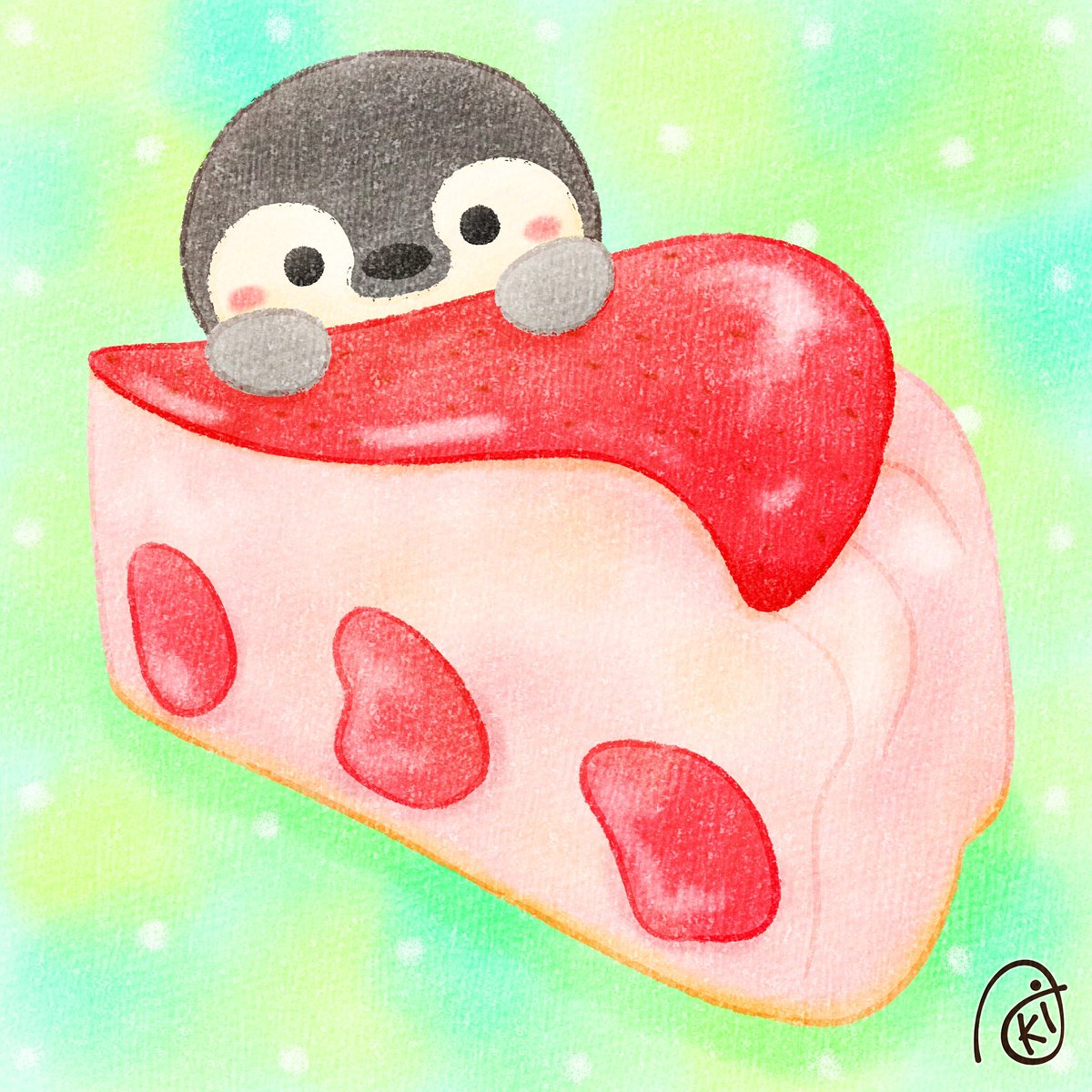 いちごのバスクチーズケーキ#イラスト #お絵描き #ペンギン