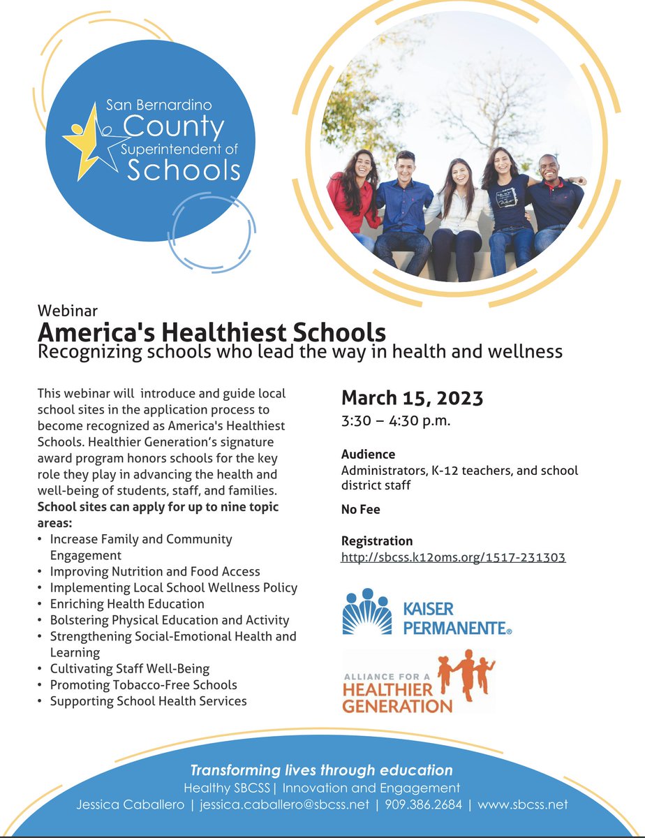 In partnership with Kaiser Permanente <a href="/aboutKP/">Kaiser Permanente</a> &amp; Alliance for a Healthier Generation <a href="/HealthierGen/">Alliance for a Healthier Generation</a>, Healthy SBCSS is presenting a webinar on how to apply for the #AmericasHealthiestSchools recognition! 
March 15th at 3:30pm
Register here: sbcss.k12oms.org/1517-231303