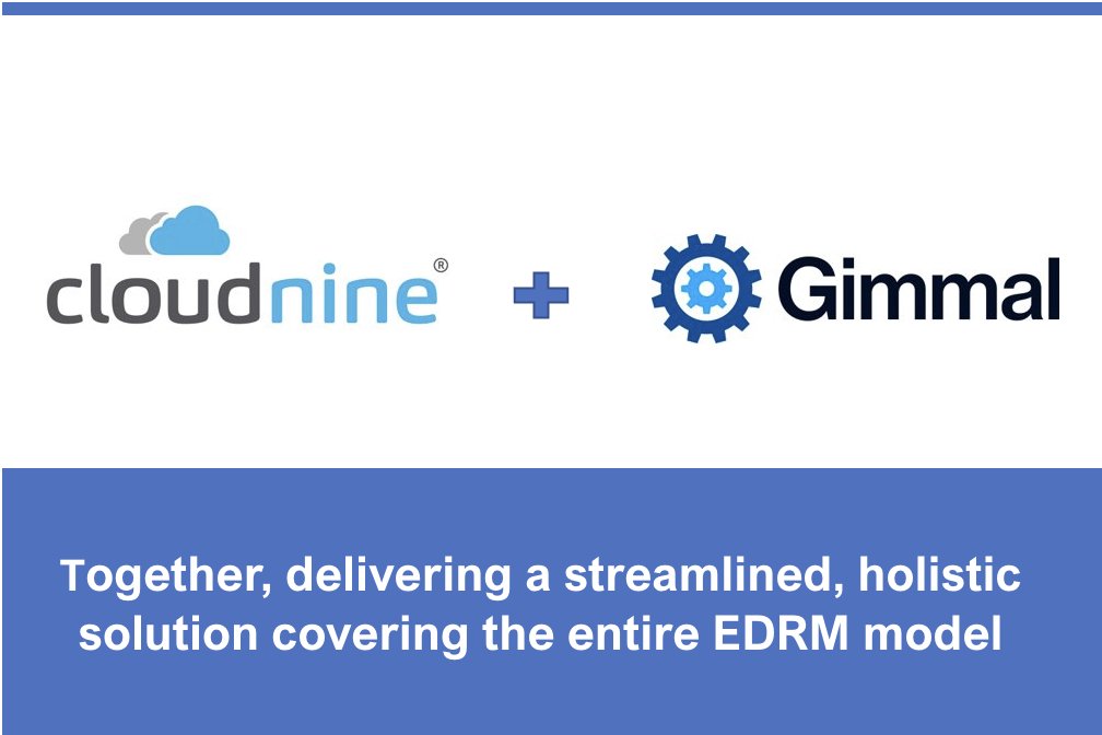 Cloud9Discovery's tweet photo. Thrilled to announce our partnership with information governance leaders, @GimmalSoftware. 

Our customers will love our holistic #ediscovery solution covering the entire EDRM model.  https://t.co/GMcn9H4Mt3 https://t.co/H3CmYQaSfm