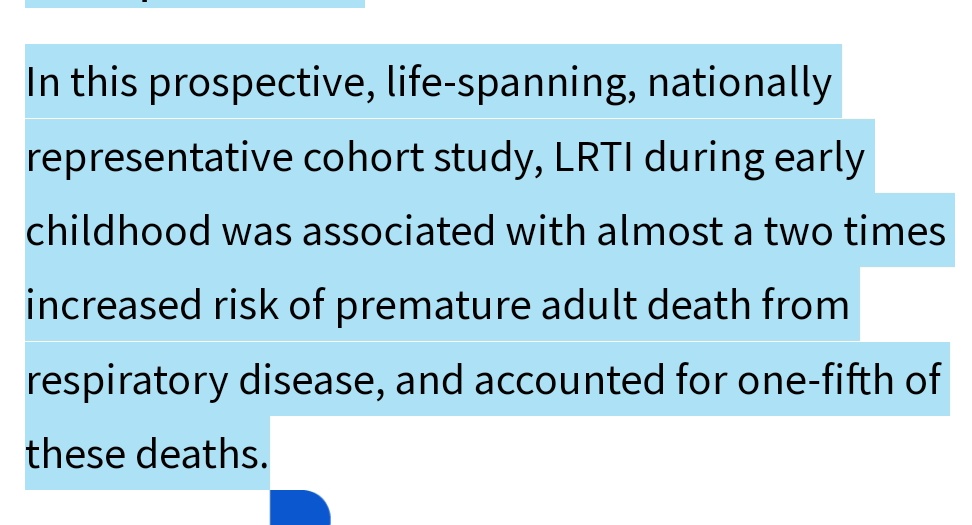 Antonio_Caramia's tweet image. ⚠️LRTI (Lower Respiratory Tract Infections) during early childhood was associated with almost a

🚨TWO TIMES INCREASED RISK OF PREMATURE ADULT DEATH FROM RESPIRATORY DISEASE,

and accounted for one-fifth of these deaths.
6/