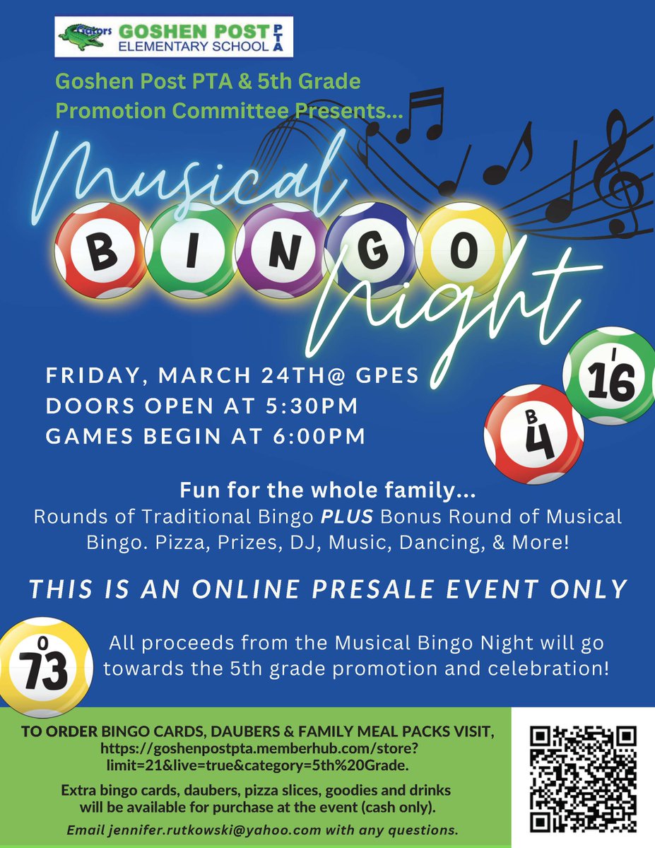 Musical Bingo Night on Friday, March 24!  Doors open 5:30pm, games begin 6:00pm.  All grade levels welcome!  Fun for the whole family! Traditional bingo PLUS a bonus round of musical bingo. Purchase tickets today at MemberHub, click here to purchase today! goshenpostpta.memberhub.com/store?limit=21…