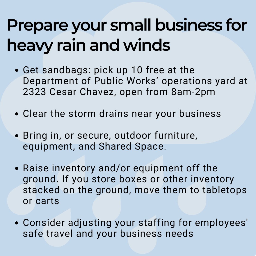 SFOSB's tweet photo. Get your business ready for another round of heavy rains and wind. Forecasts may change, but flooding is possible from Thursday through Sunday. https://t.co/vjLiN3Bbrk