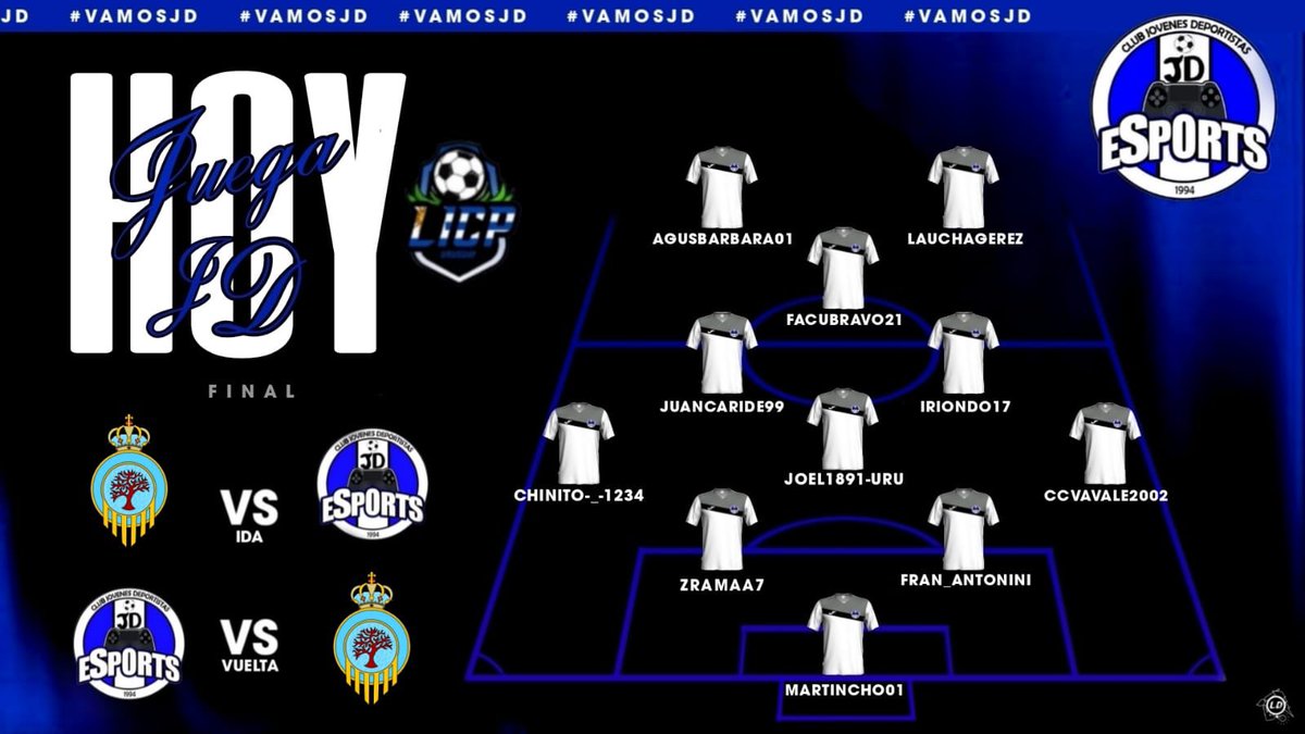 Una final más.
JD se juega el campeonato, toda lo hecho en la etapa regular para esta final, este partido, hoy mas que nunca para conseguir el triplete y que LICP sea literalmente azul y blanco.

🗓 Final
🆚 Calle Gvng
⏰ 00:00 y 00:30

#VamosJD💙🤍