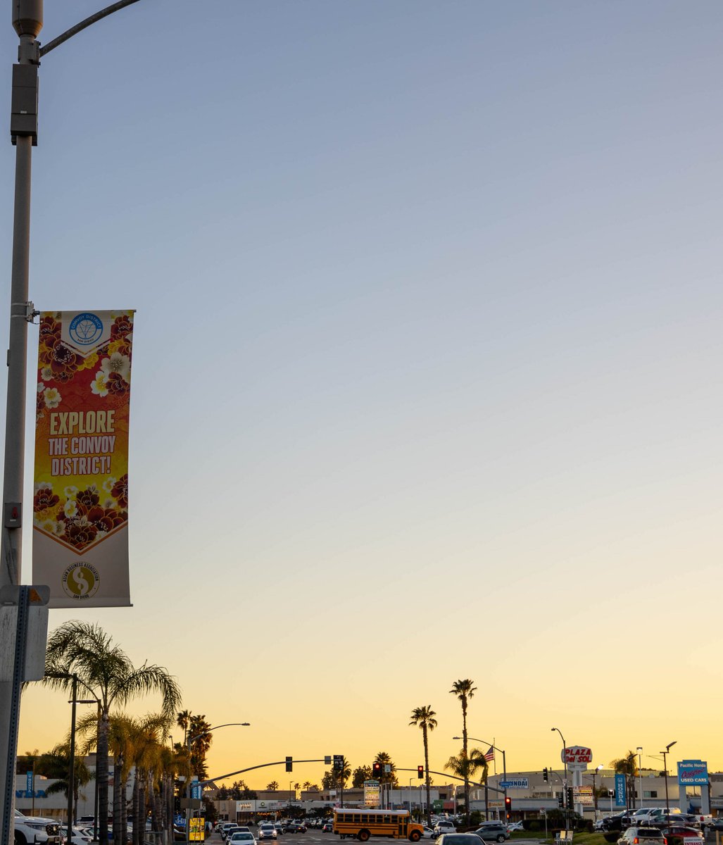ConvoyDistrict's tweet photo. 📍Come visit &amp; see the new #ConvoyDistrict banners to promote our neighborhood businesses, cultures, &amp; all the ways to celebrate! 🎉

Special thanks to our banner partner @ABASD who provides no-cost technical assistance to all small businesses. 📲👏🏾

🎨 Designer: @NatashaGemine https://t.co/C3qD76MzoV