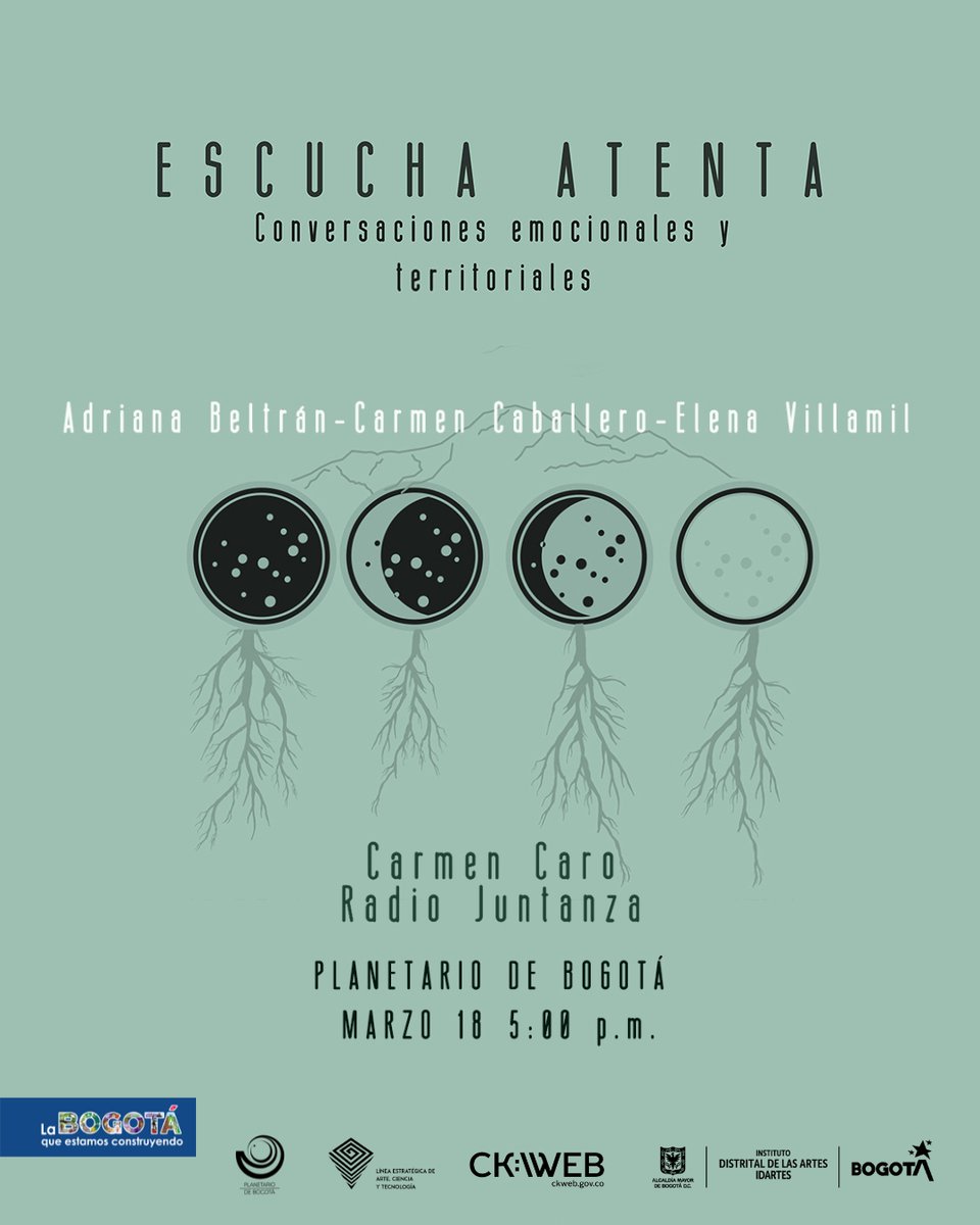 LineaACT_'s tweet photo. Escucha Atenta: conversaciones emocionales y territoriales
Conoce el proyecto de estas artistas y sabedoras el próximo 🗓 18 de marzo a las 5:00 p.m. en el Planetario de Bogotá (entrada libre)
#CKWEB #BogotáSeLaJuegaPorLasMujeres #ArteCienciayTecnología #IdartesEsBogotá https://t.co/i01GsGEHRq
