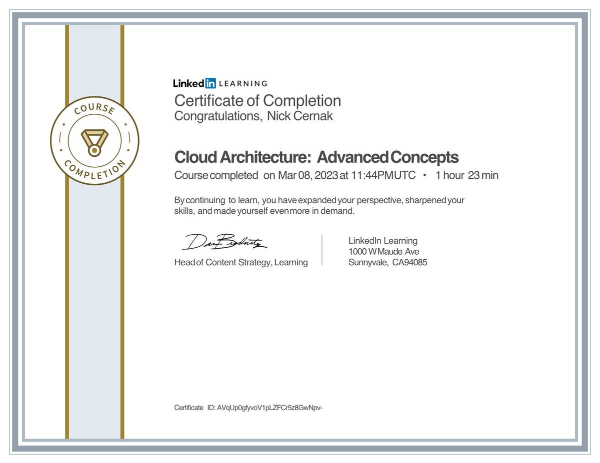 cernak's tweet image. Just finished the course “Cloud Architecture: Advanced Concepts” by Lee Atchison! Check it out: linkedin.com/learning/certi… #CernakCOC #cloudnativearchitecture