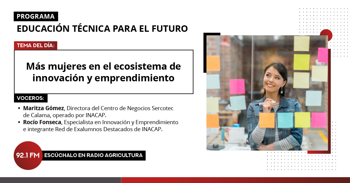 Inacapinos's tweet photo. [EN MINUTOS] En un nuevo capítulo del programa #EducaciónTécnicaParaElFuturo de 
@AgriculturaFM, destacadas voceras conversarán sobre "Más mujeres en el ecosistema de #innovación y #emprendimiento". 

Síguelo en🎙️ https://t.co/BRqDUMtiZh #INACAP8M #RED #8M https://t.co/SiDXQ9kJmY