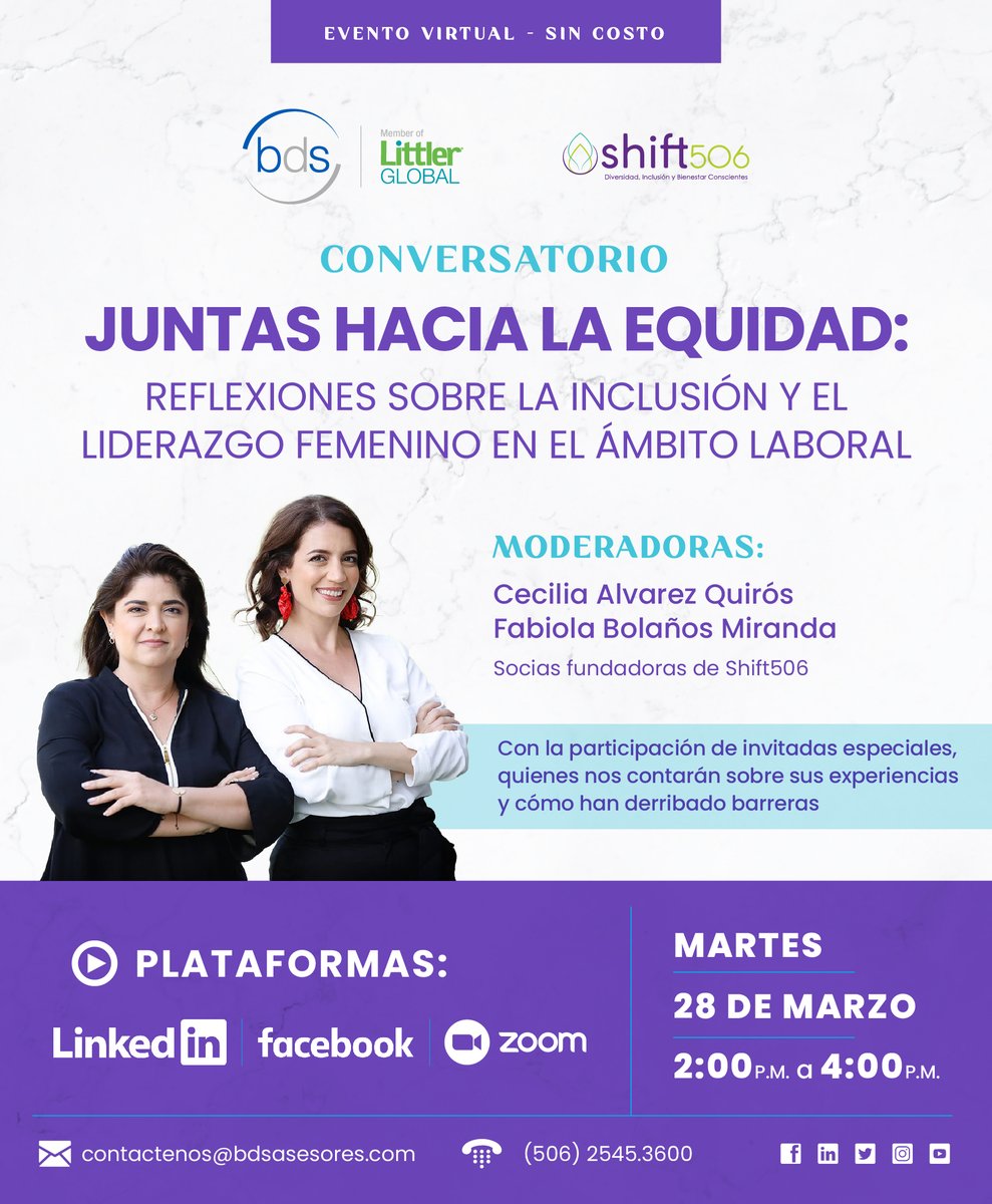 BDSAsesores's tweet photo. En conmemoración al #8M Día Internacional de la Mujer, les invitamos al conversatorio: "Juntas hacia la equidad: reflexiones sobre la inclusión y el liderazgo femenino en el ámbito laboral"

Evento virtual sin costo
Transmitido por Zoom: https://t.co/9iXLf1N2wL

#LegalTalentHub https://t.co/v5BmuWuesB
