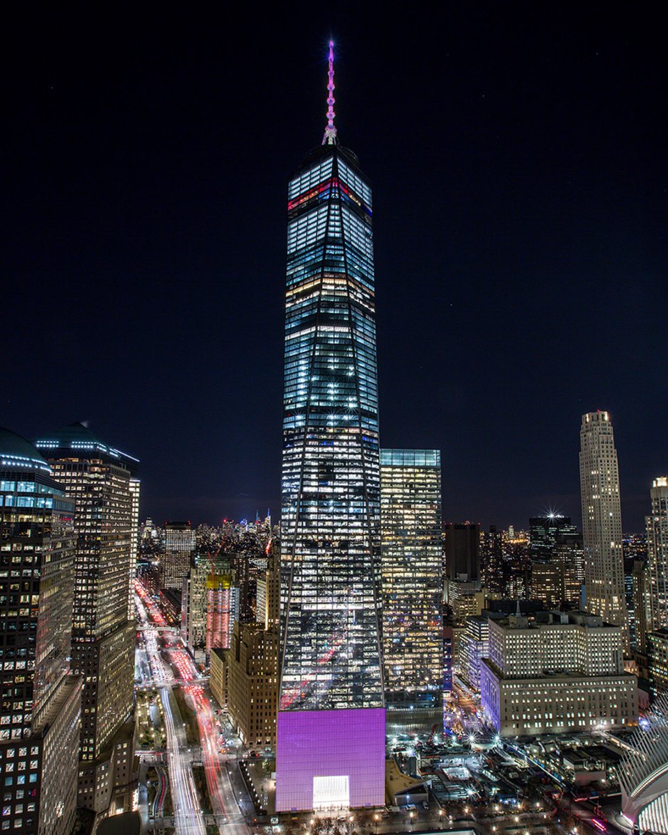 OneWTC's tweet photo. Tonight the spire and podium of #OneWTC will be lit purple to celebrate #InternationalWomensDay. 
#WomensHistoryMonth #spireworks @spireworks https://t.co/yrU9khmd6m