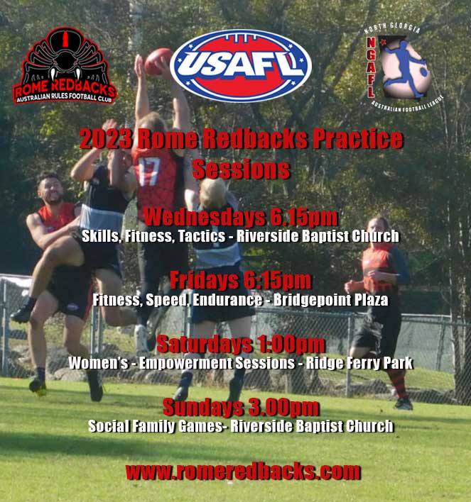 RomeRedbacks's tweet image. It's happening, two training sessions added next week as the Redbacks go into full Spring training for upcoming local &amp;amp; travel games. Sessions are for both Men &amp;amp; Women. (Note: Saturday sessions are for the Women only.) 

#usafl #aussierules #romega #romegeorgia #romegasports