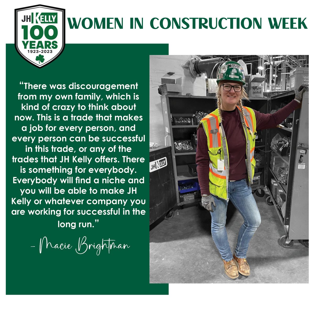 WOMEN IN CONSTRUCTION WEEK 👷‍♀️For Day 3 of #womeninconstructionweek we are featuring Macie Brightman! Macie is a Local 290 apprentice plumber that joined #TeamGreen in 2021! 🍀
We are proud to celebrate strong women in construction like Macie!
